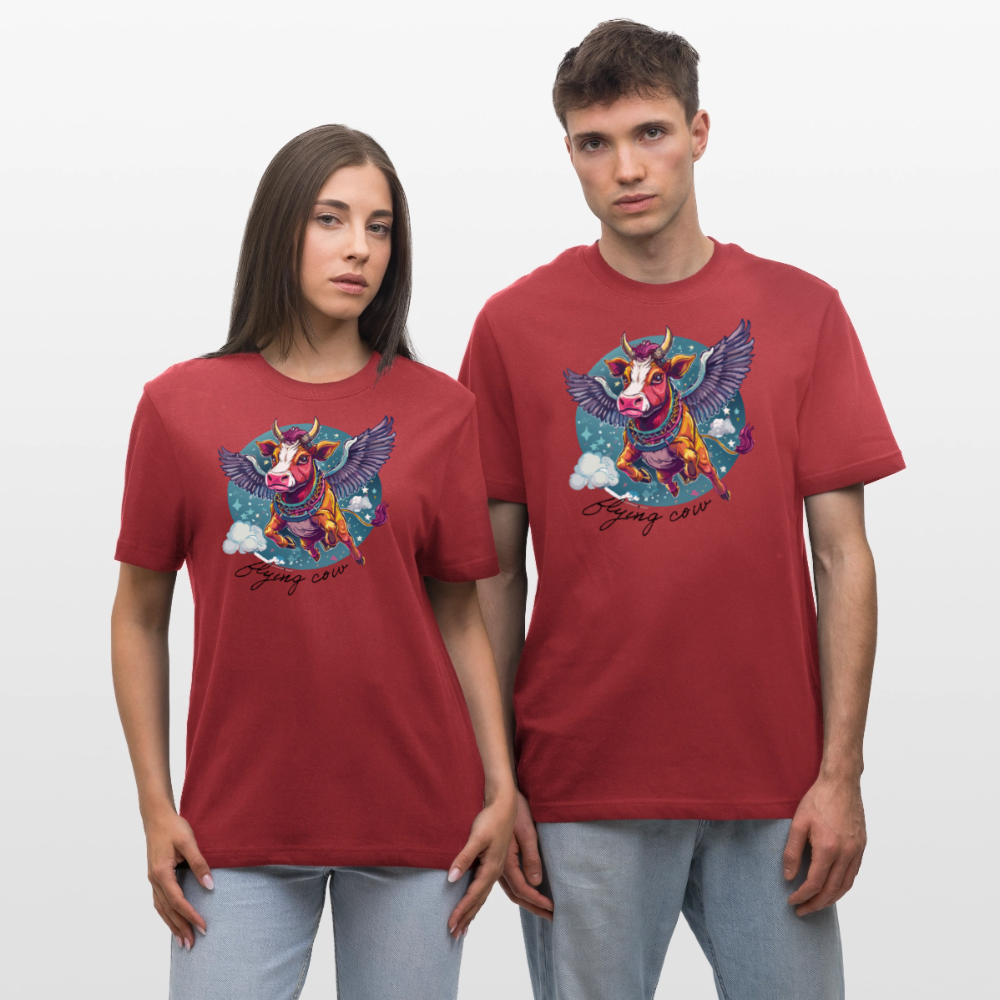 Relaxed Fit Unisex Bio-T-Shirt mit FLYING COW PRINT Vorderseite - Erdrot