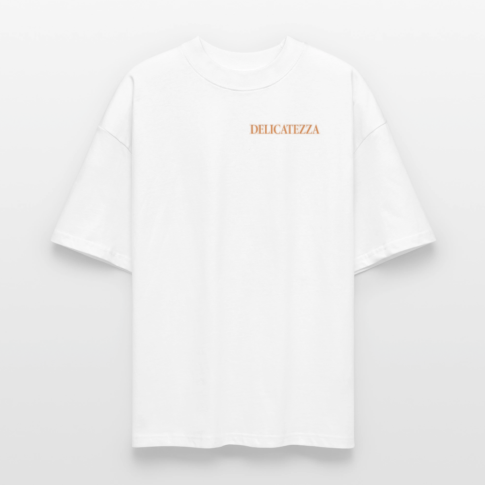 Oversized Unisex T-Shirt mit DELICATEZZA SARDINE PRINT Vorder- und Rückseite - Weiß