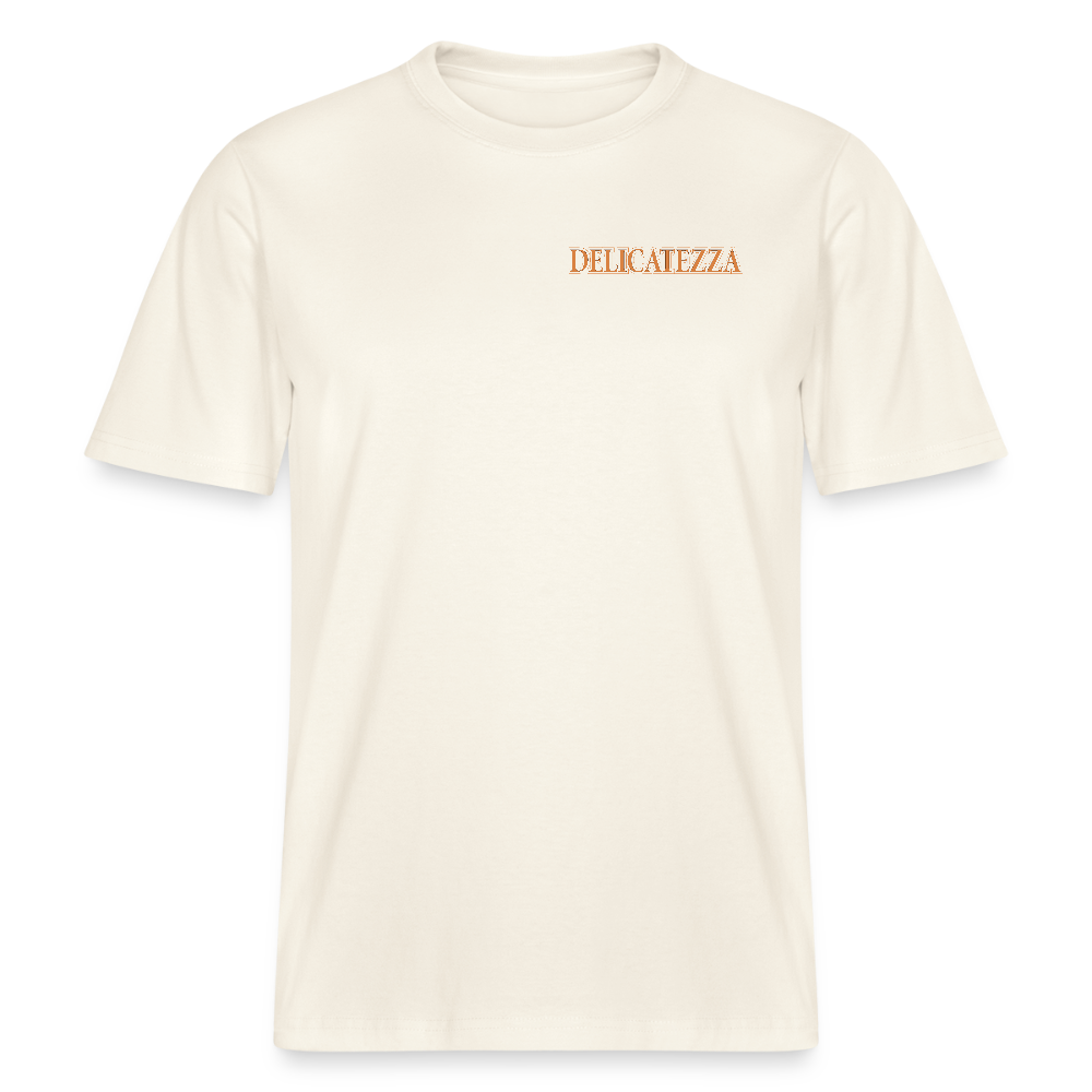 Relaxed Fit Unisex Bio-T-Shirt mit DELICATEZZA SARDINE PRINT Vorder- und Rückseite - Naturweiß 