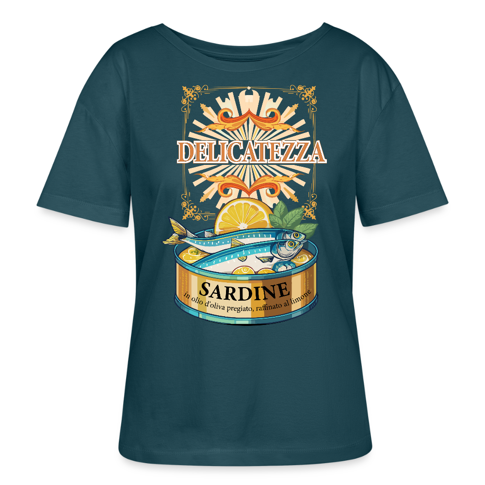 Rundhals Frauen Bio-T-Shirt mit DELICATEZZA SARDINE PRINT Vorderseite - Dunkles Petrol