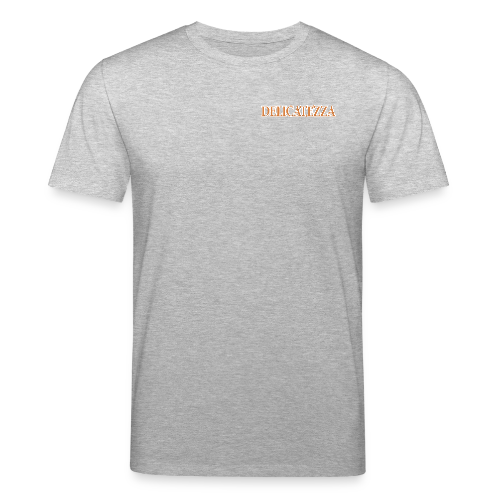Unisex Bio-T-Shirt mit DELICATEZZA SARDINE PRINT Vorder- und Rückseite - Grau meliert