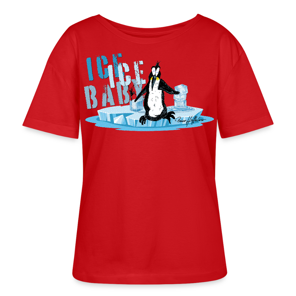 Relaxed Rundhals Frauen Bio-T-Shirt mit ICE ICE BABY PINGUIN PRINT - Rot