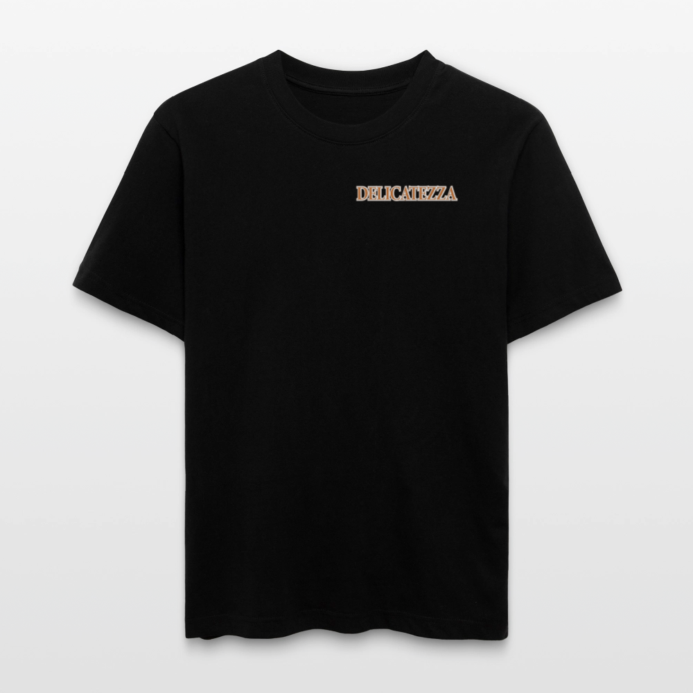 Relaxed Fit Unisex Bio-T-Shirt mit DELICATEZZA SARDINE PRINT Vorder- und Rückseite - Schwarz