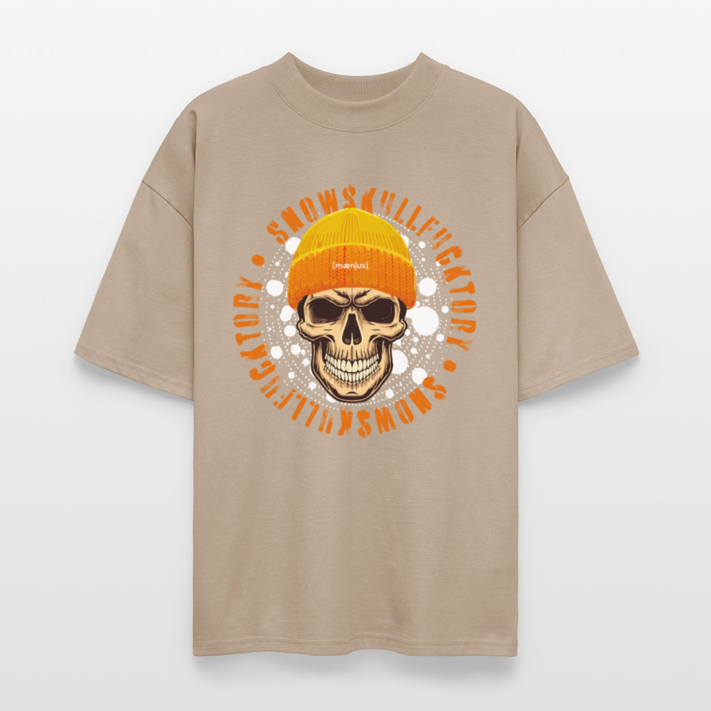 Oversized Unisex Bio T-Shirt mit SNOWSKULL FUCKTORY PRINT - Steingrau