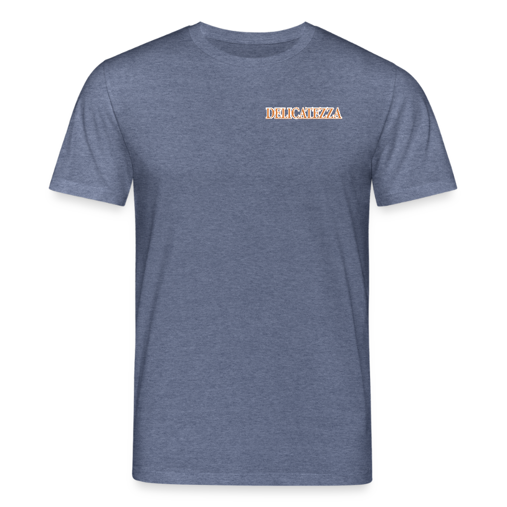 Unisex Bio-T-Shirt mit DELICATEZZA SARDINE PRINT Vorder- und Rückseite - Dunkelblau meliert