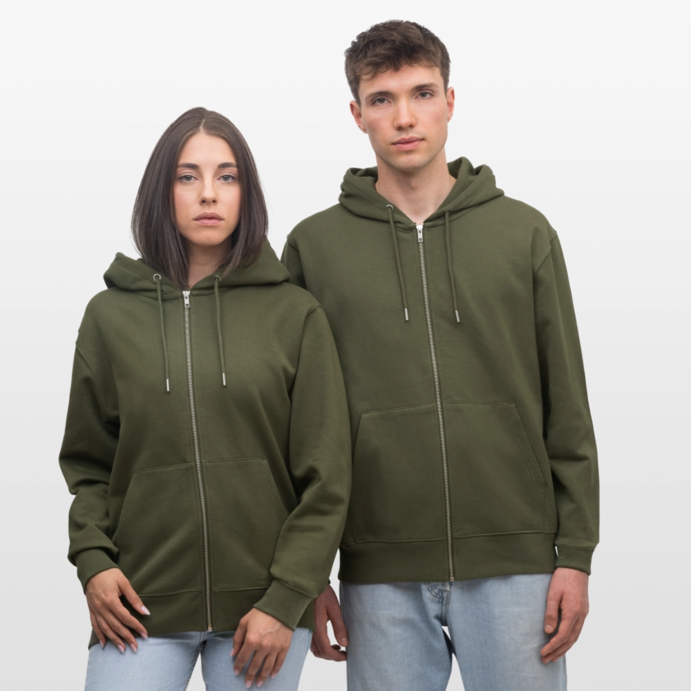 Unisex Bio-Kapuzenjacke mit DELICATEZZA PRINT Rückseite - Khaki