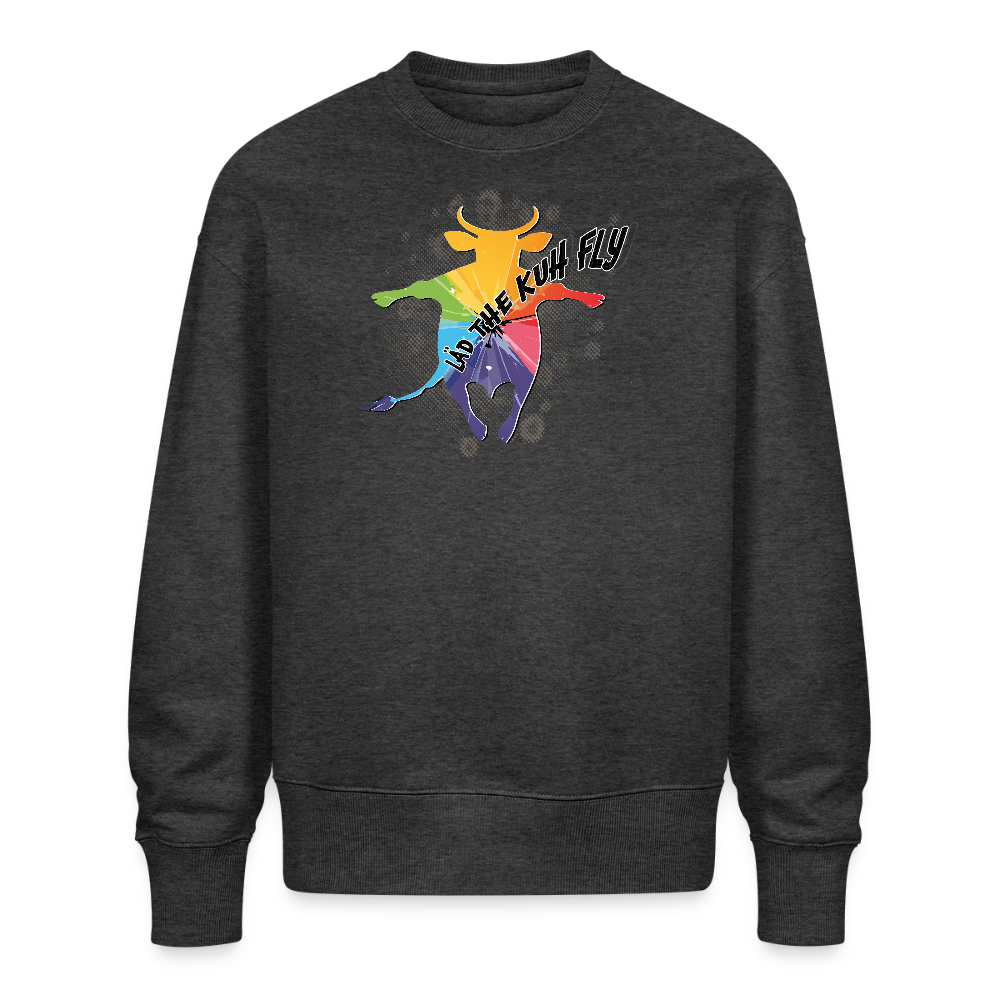 Unisex Oversize Pullover mit LÄS THE KUH FLY PRINT - Dunkelgrau meliert