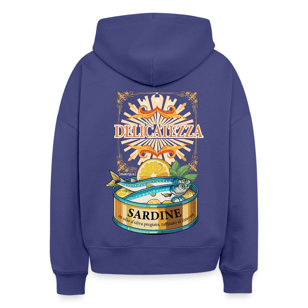 Boxy Frauen Bio Hoodie mit DELIKATEZZA SARDINE PRINT Vorder- und RÜCKSEITE - Dämmerung