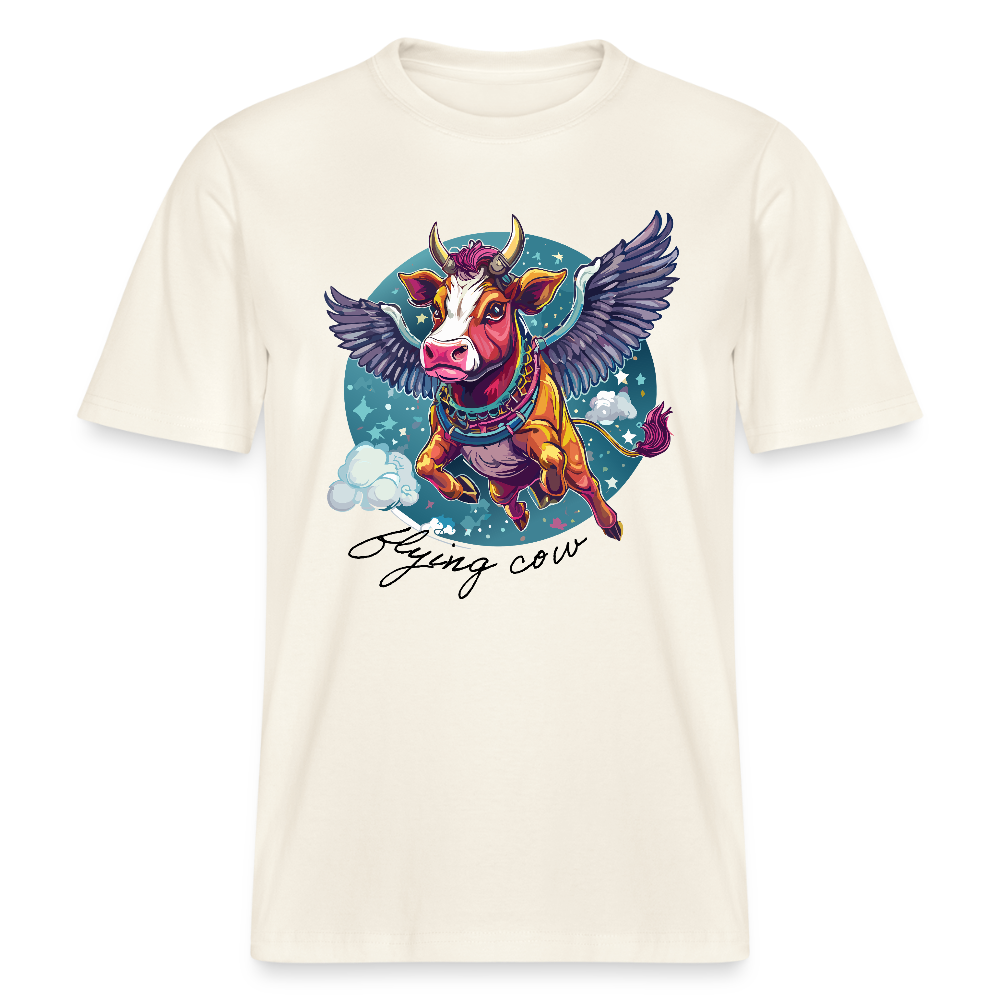 Relaxed Fit Unisex Bio-T-Shirt mit FLYING COW PRINT Vorderseite - Naturweiß 