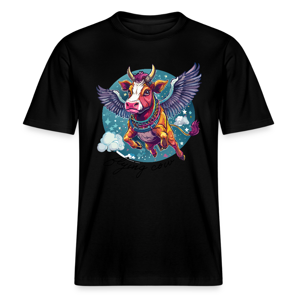 Relaxed Fit Unisex Bio-T-Shirt mit FLYING COW PRINT Vorderseite - Schwarz