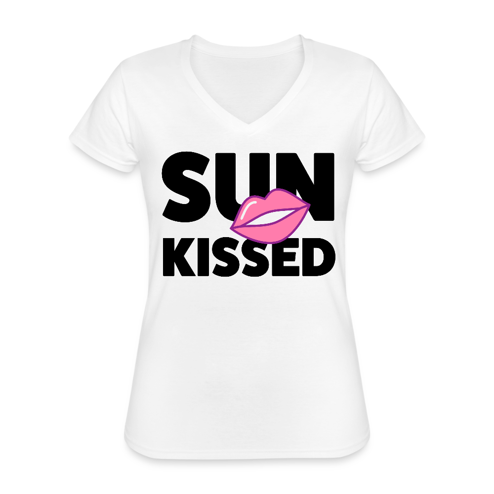 Klassisches Frauen-T-Shirt mit V-Ausschnitt mit SUN KISSED PRINT - Weiß