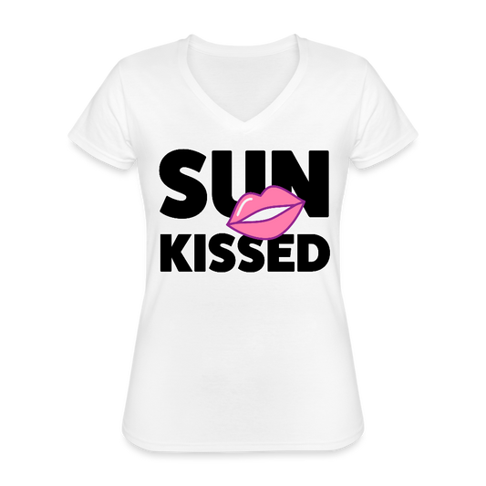 Klassisches Frauen-T-Shirt mit V-Ausschnitt mit SUN KISSED PRINT - Weiß