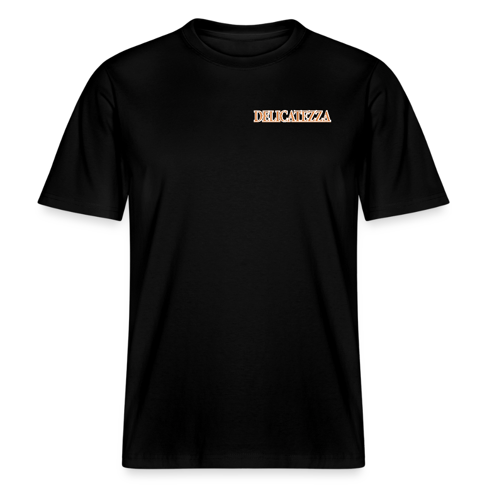 Relaxed Fit Unisex Bio-T-Shirt mit DELICATEZZA SARDINE PRINT Vorder- und Rückseite - Schwarz
