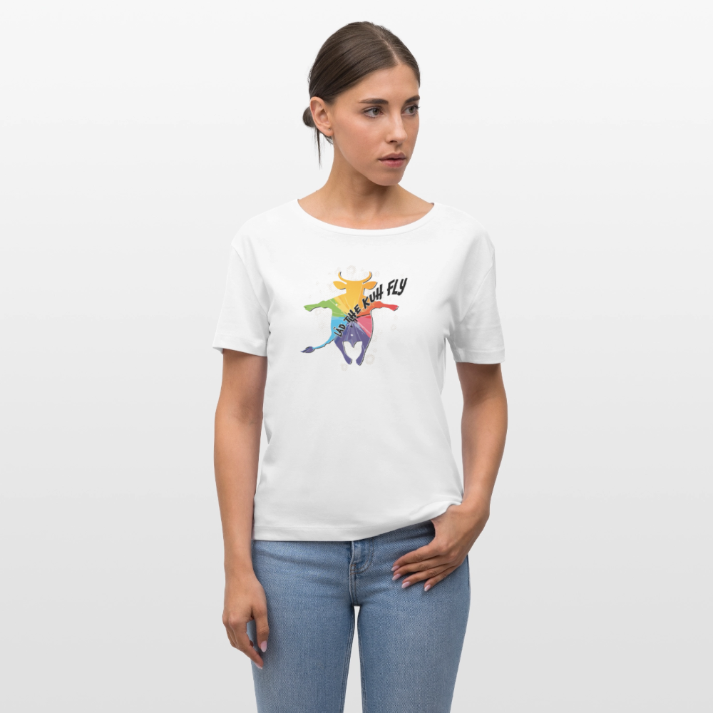 Frauen T-Shirt mit LÄD THE KUH FLY PRINT - Weiß
