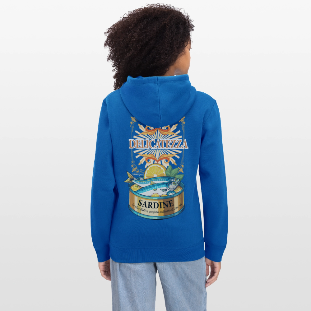 Unisex Bio-Hoodie mit DELICATEZZA SARDINE PRINT Vorder- und Rückseite - Königsblau