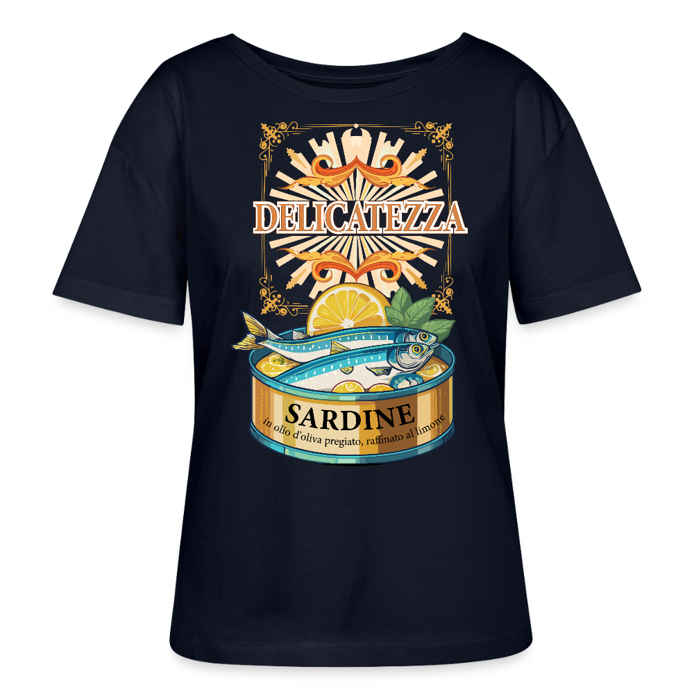 Rundhals Frauen Bio-T-Shirt mit DELICATEZZA SARDINE PRINT Vorderseite - Navy