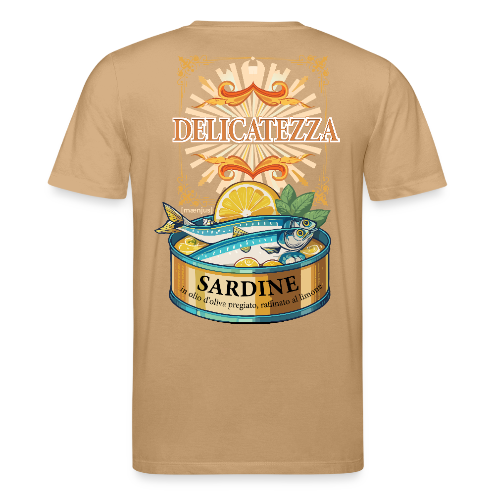 Unisex Bio-T-Shirt mit DELICATEZZA SARDINE PRINT Vorder- und Rückseite - Karamell 