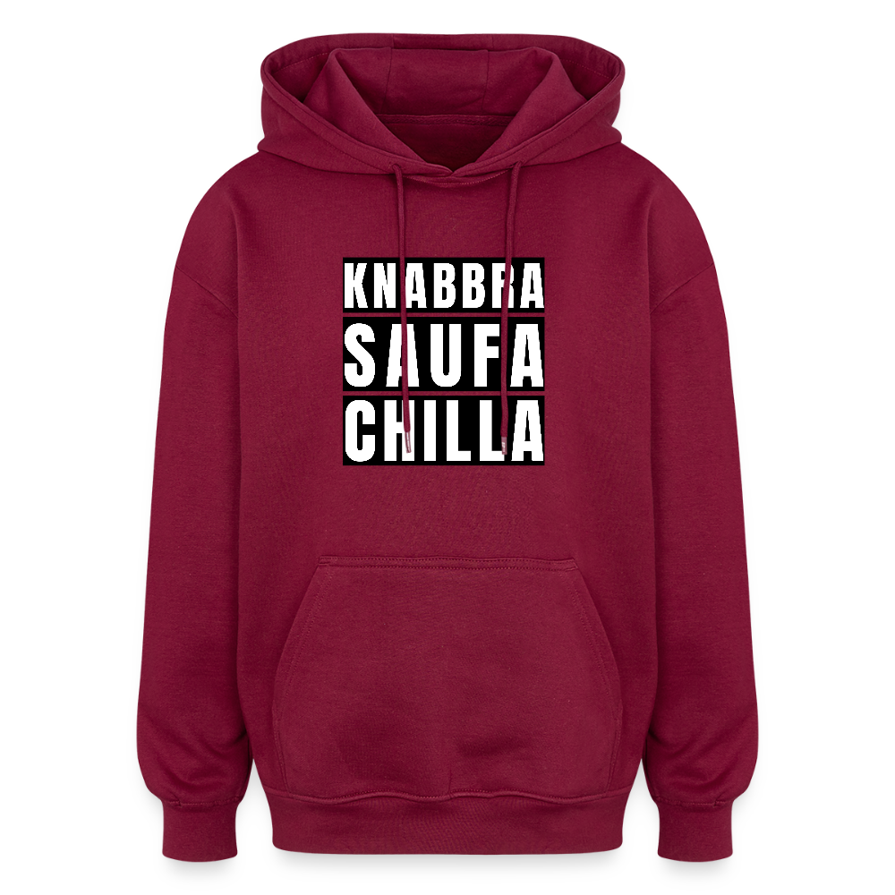 Oversized Unisex Hoodie mit KNABBRA SAUFA CHILLA PRINT - Burgunderrot