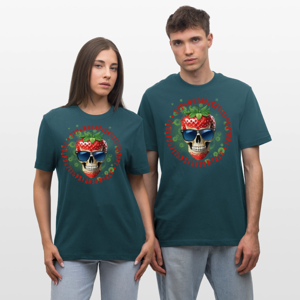 Relaxed Fit Unisex Bio-T-Shirt mit STRAWBERRY SKULL PRINT Vorderseite - Dunkles Petrol
