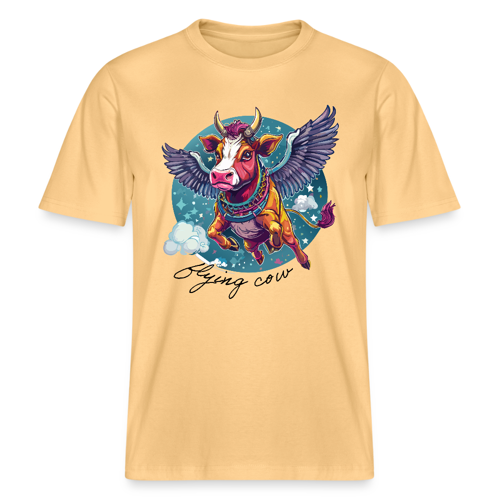 Relaxed Fit Unisex Bio-T-Shirt mit FLYING COW PRINT Vorderseite - Hellgelb