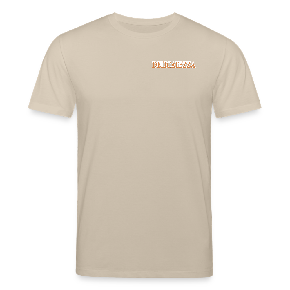 Unisex Bio-T-Shirt mit DELICATEZZA SARDINE PRINT Vorder- und Rückseite - Beige