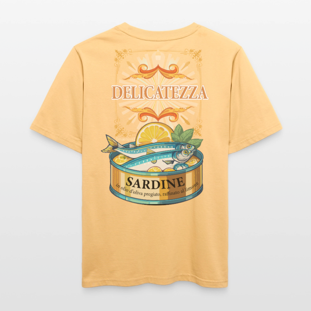 Relaxed Fit Unisex Bio-T-Shirt mit DELICATEZZA SARDINE PRINT Vorder- und Rückseite - Hellgelb
