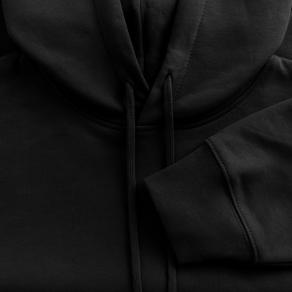 Boxy Frauen Bio Hoodie mit DELIKATEZZA SARDINE PRINT Vorder- und RÜCKSEITE - Schwarz