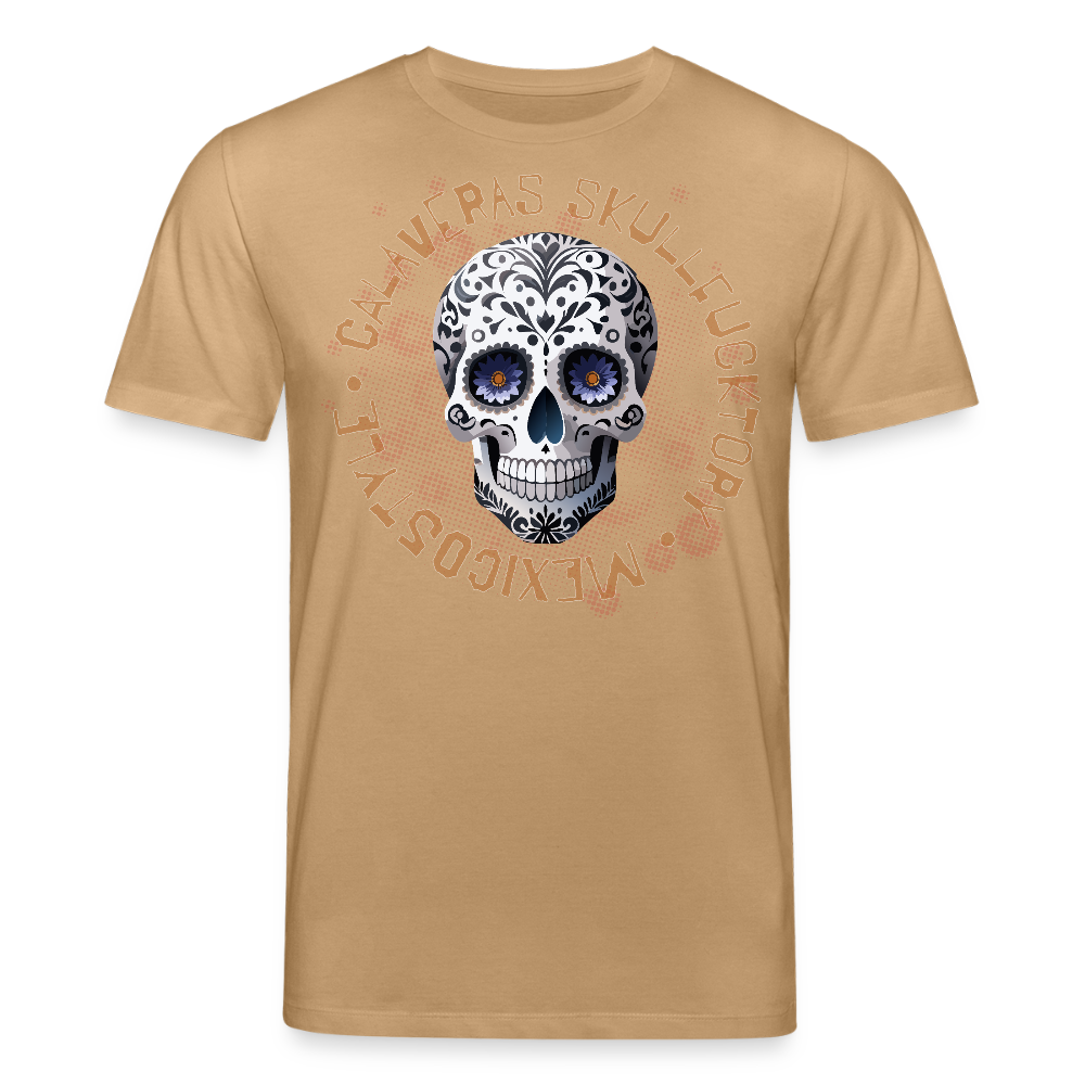 Unisex Bio-T-Shirt mit CALAVERAS SKULL PRINT Vorderseite - Karamell 