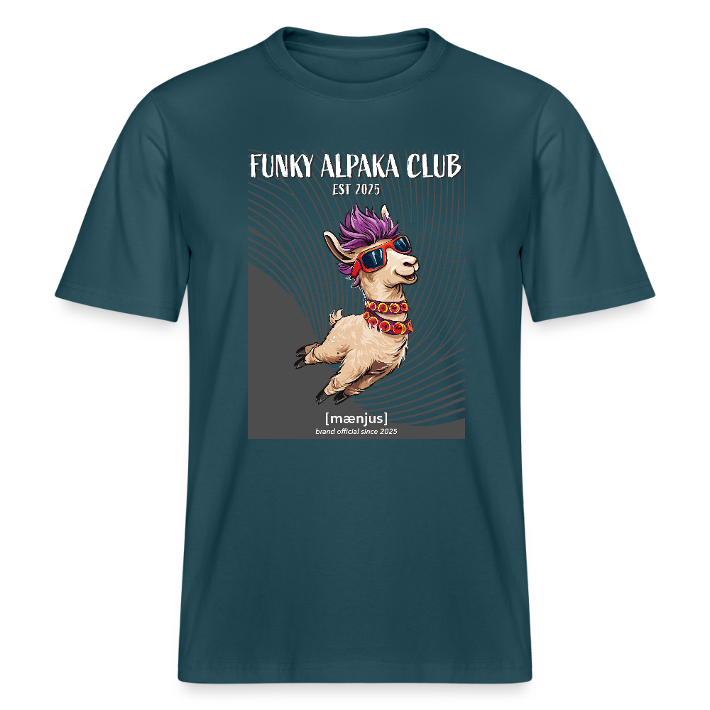 Unisex Bio-T-Shirt mit FUNKY ALPAKA CLUB PRINT Vorderseite - Dunkles Petrol