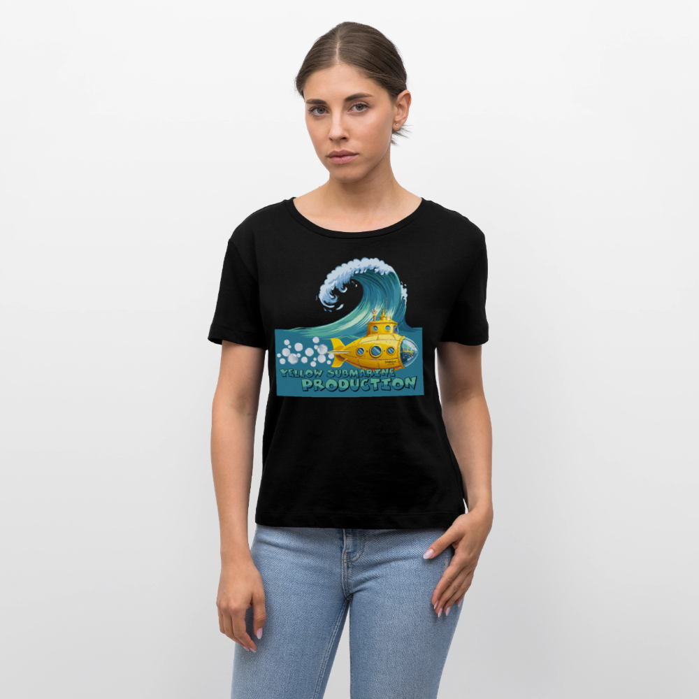 Relaxed Rundhals Frauen Bio-T-Shirt mit YELLOW SUBMARINE PRODUCTION PRINT - Schwarz