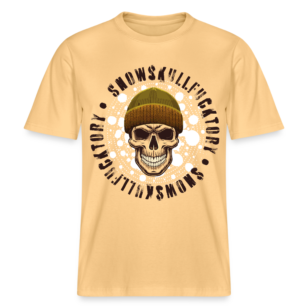 Relaxed Fit Unisex Bio-T-Shirt mit SNOWSKULL FUCKTORY PRINT Vorderseite - Hellgelb