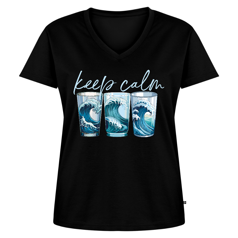 Frauen Bio-T-Shirt mit V-Ausschnitt mit KEEP CALM PRINT - Schwarz