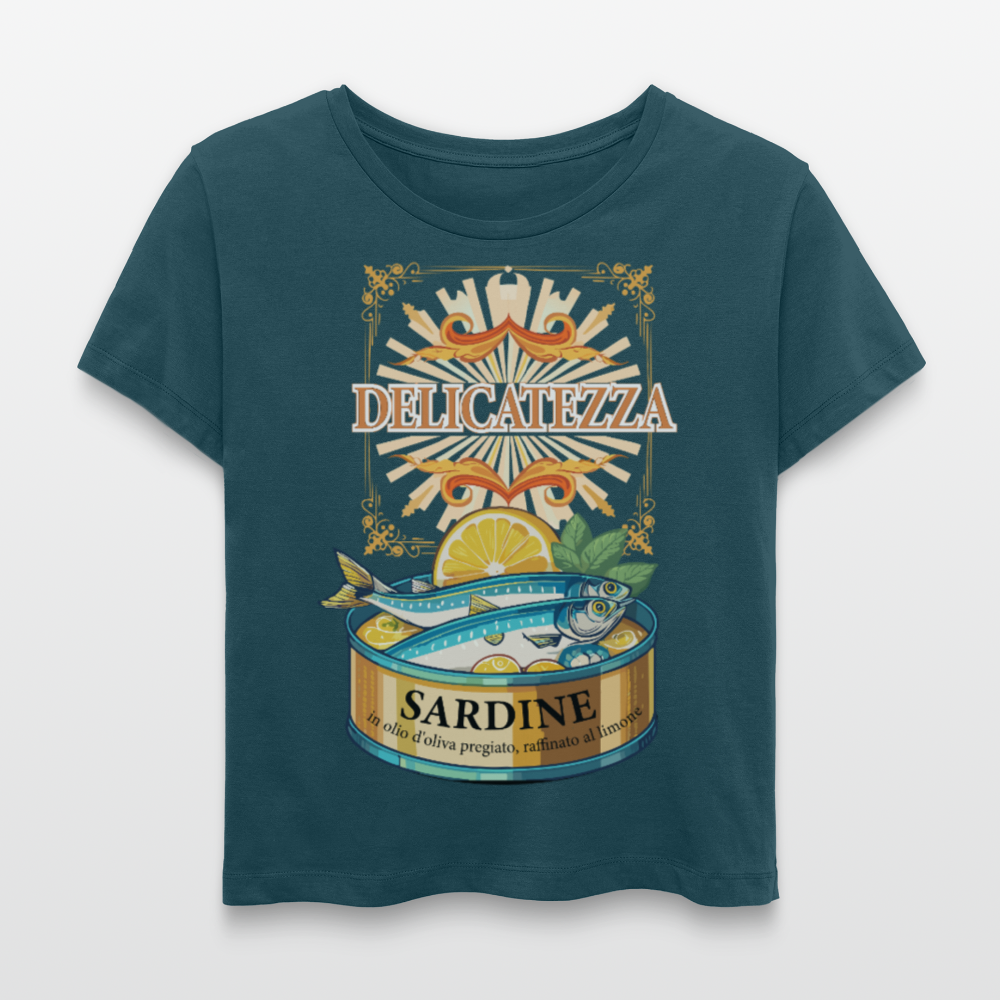 Rundhals Frauen Bio-T-Shirt mit DELICATEZZA SARDINE PRINT Vorderseite - Dunkles Petrol