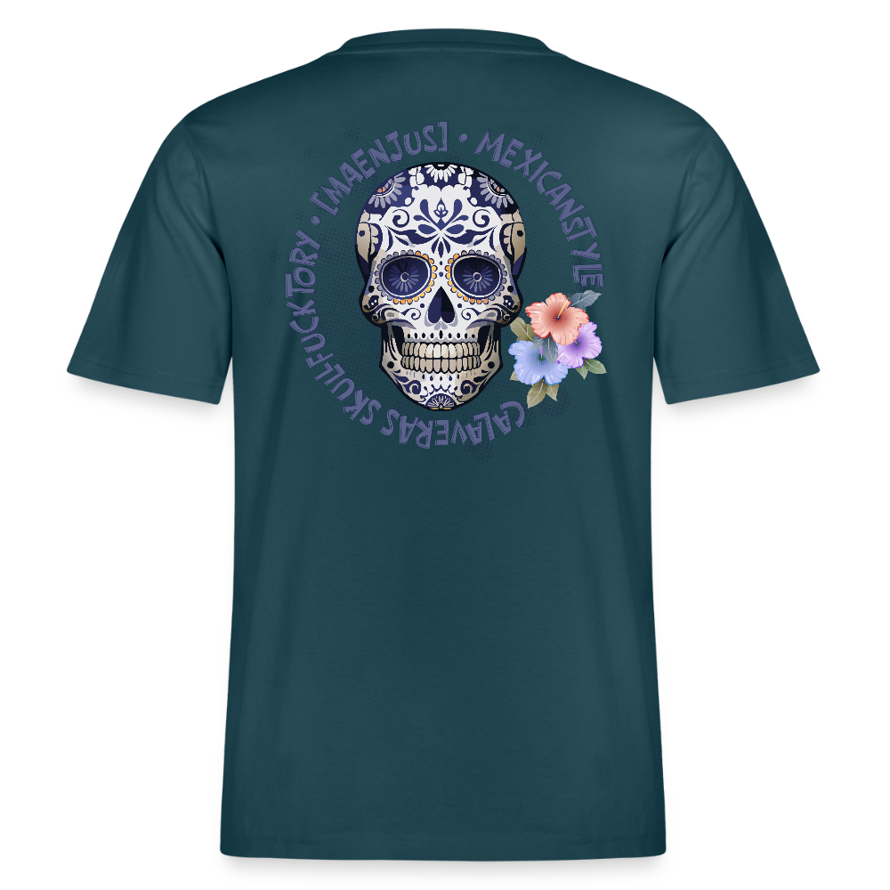 Relaxed Fit Unisex Bio-T-Shirt mit MAENJUS MEXICANSTYLE PRINT Vorder- und Rückseite - Dunkles Petrol