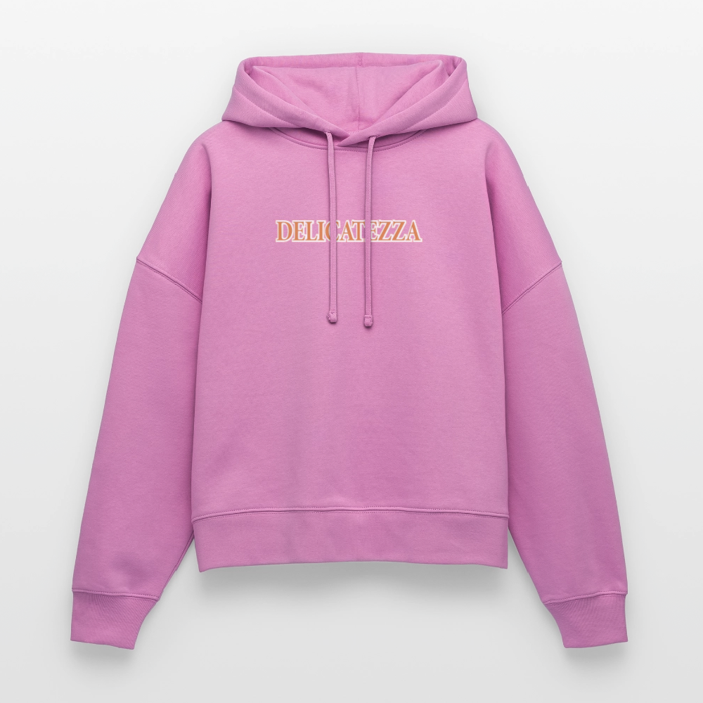 Boxy Frauen Bio Hoodie mit DELIKATEZZA SARDINE PRINT Vorder- und RÜCKSEITE - Pink