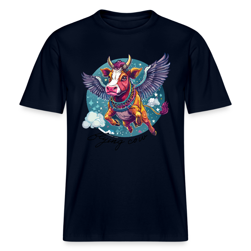 Relaxed Fit Unisex Bio-T-Shirt mit FLYING COW PRINT Vorderseite - Navy
