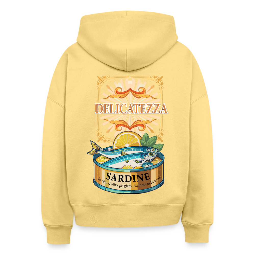 Boxy Frauen Bio Hoodie mit DELIKATEZZA SARDINE PRINT Vorder- und RÜCKSEITE - Hellgelb