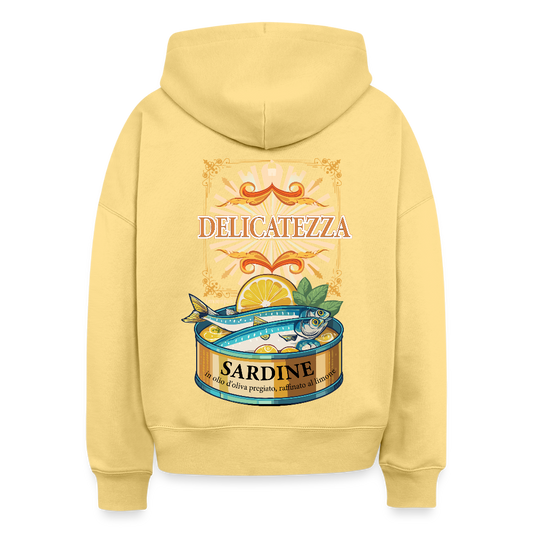 Boxy Frauen Bio Hoodie mit DELIKATEZZA SARDINE PRINT Vorder- und RÜCKSEITE - Hellgelb