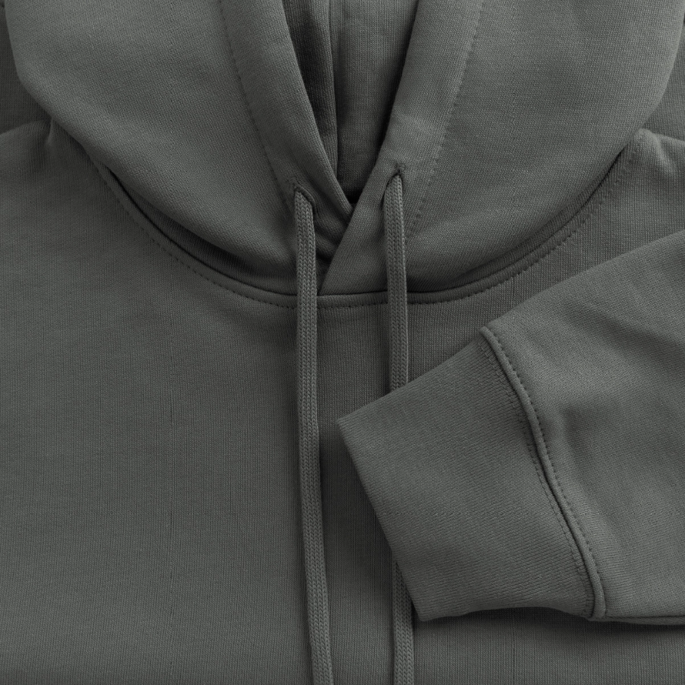 Boxy Frauen Bio Hoodie mit DELIKATEZZA SARDINE PRINT Vorder- und RÜCKSEITE - Anthrazit