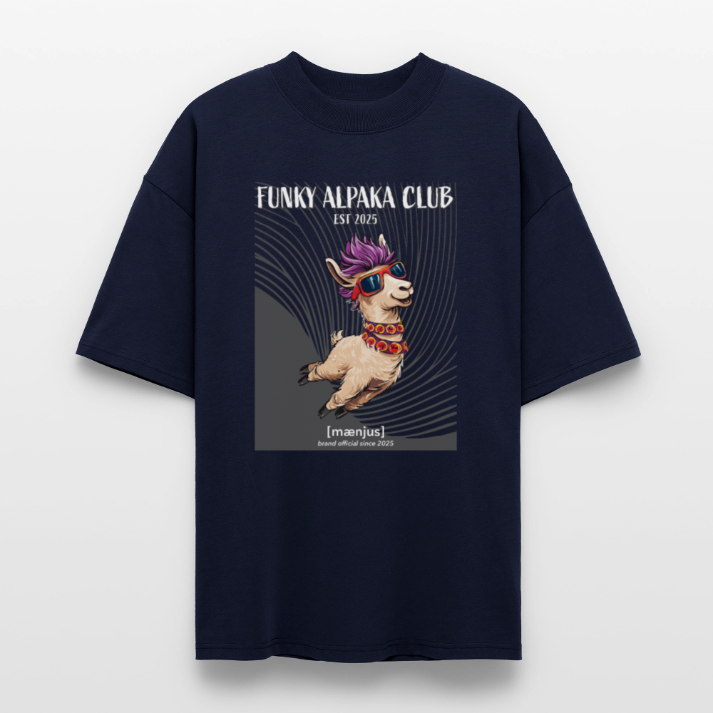 Oversized Unisex Bio T-Shirt mit FUNKY ALPAKA CLUB PRINT Vorderseite - Navy