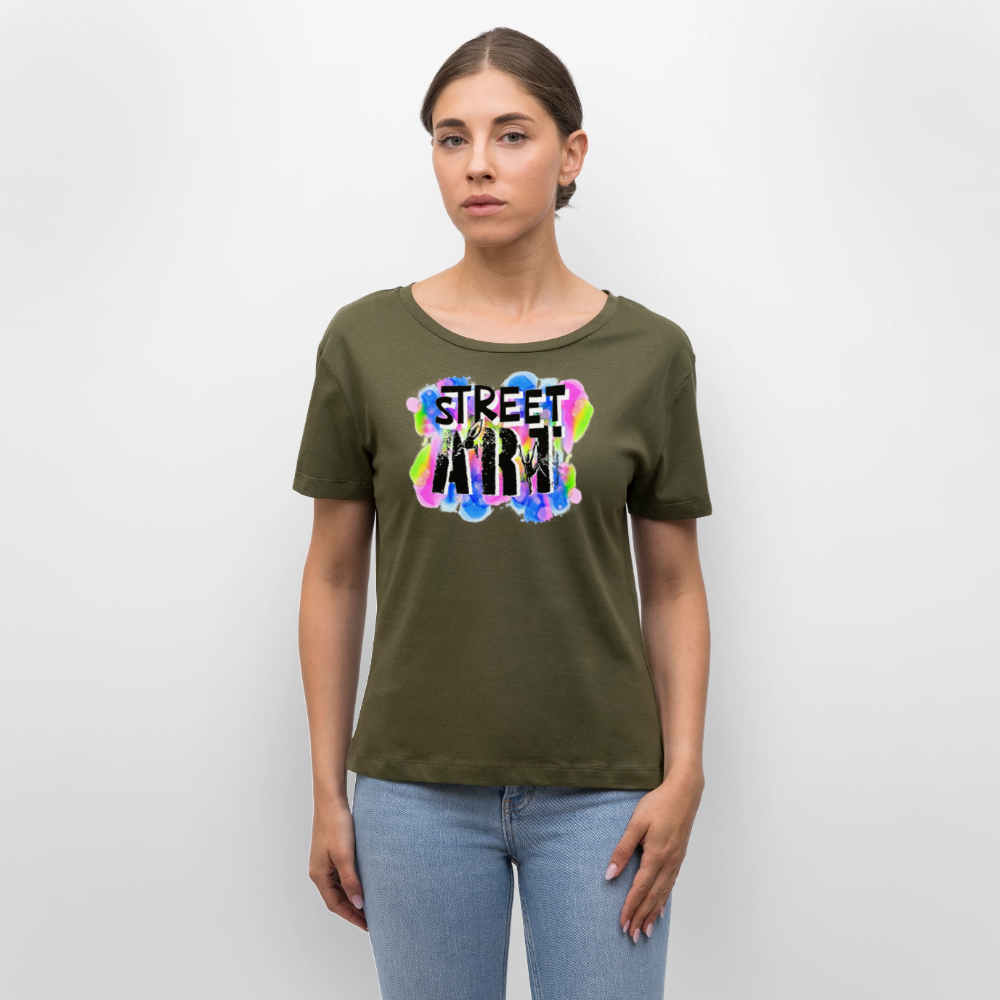 Relaxed Rundhals Frauen Bio-T-Shirt mit STREET ART PRINT - Khaki
