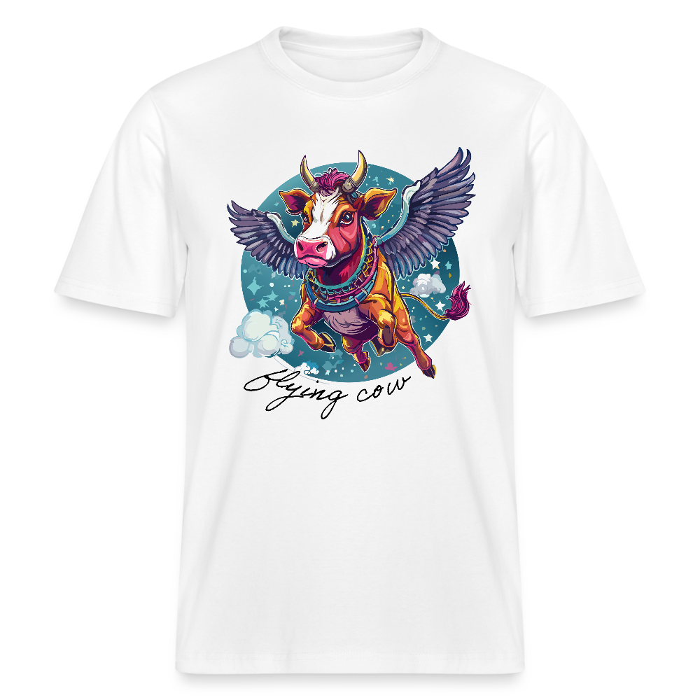 Relaxed Fit Unisex Bio-T-Shirt mit FLYING COW PRINT Vorderseite - Weiß