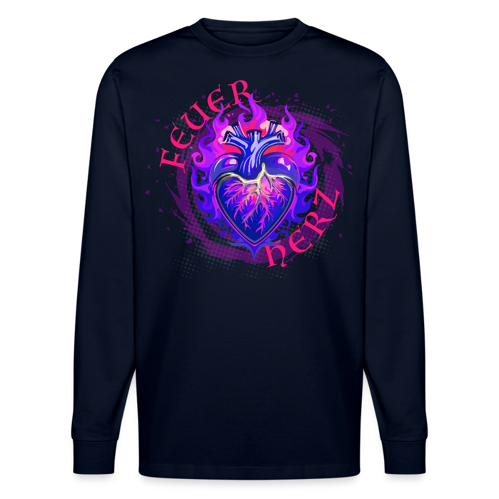Unisex Bio-Langarmshirt mit FEUERHERZ LILA PRINT - Navy