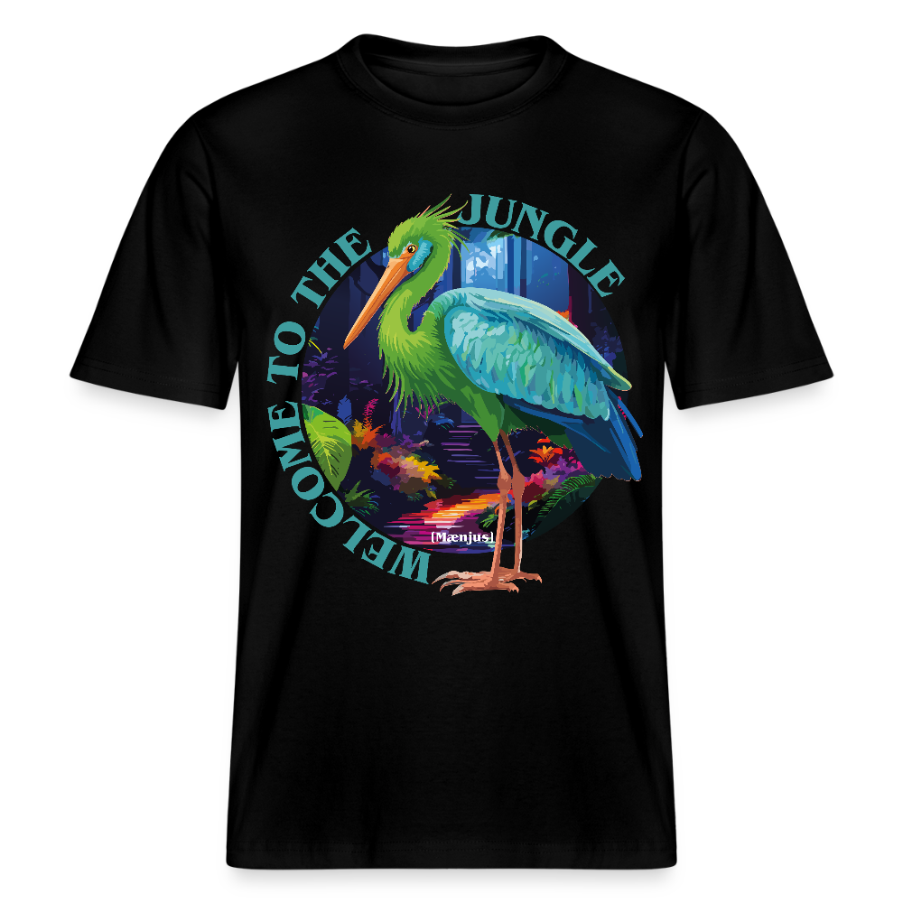 Relaxed Fit Unisex Bio-T-Shirt mit WELCOME TO THE JUNGLE PRINT Vorderseite - Schwarz