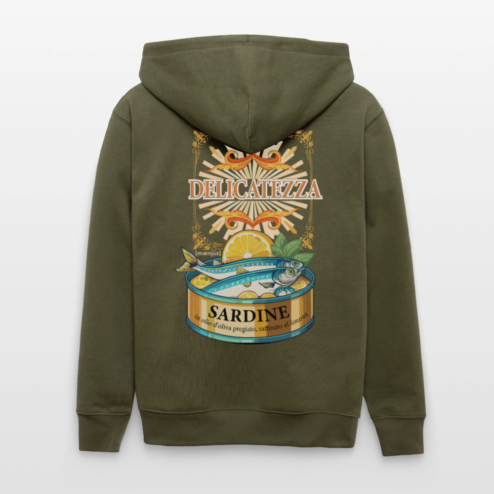 Unisex Bio-Kapuzenjacke mit DELICATEZZA PRINT Rückseite - Khaki