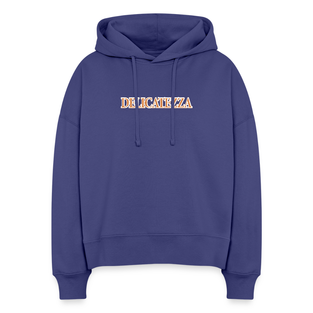 Boxy Frauen Bio Hoodie mit DELIKATEZZA SARDINE PRINT Vorder- und RÜCKSEITE - Dämmerung
