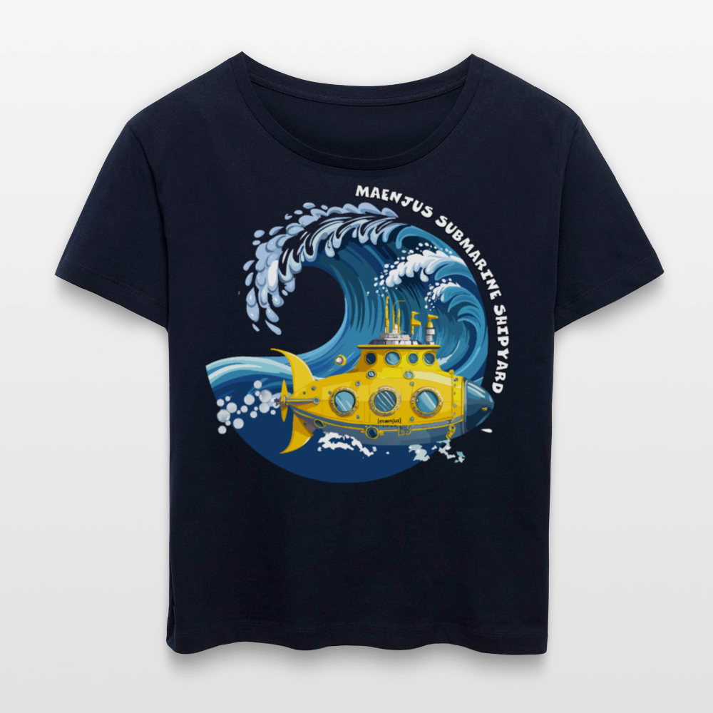 Relaxed Rundhals Frauen Bio-T-Shirt mit MAENJUS SUBMARINE SHIPYARD PRINT - Navy