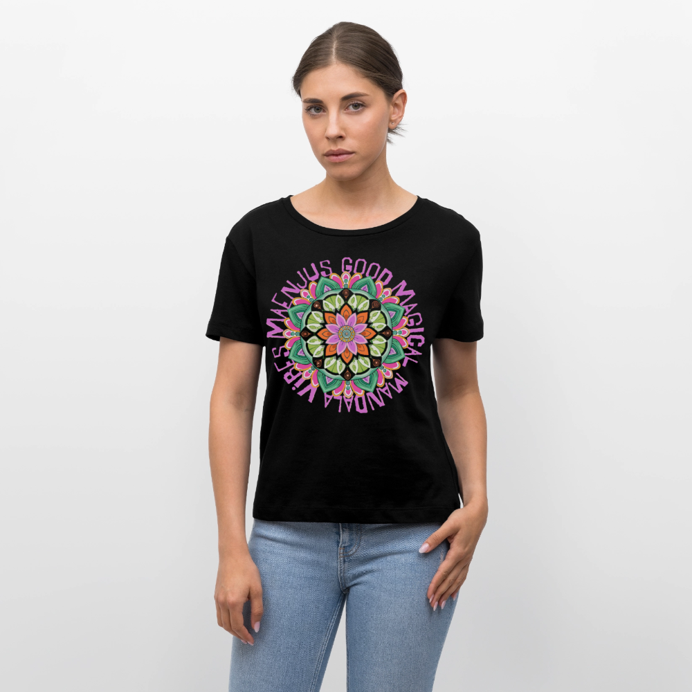 Rundhals Frauen Bio-T-Shirt mit Mandala Vibes PRINT - Schwarz