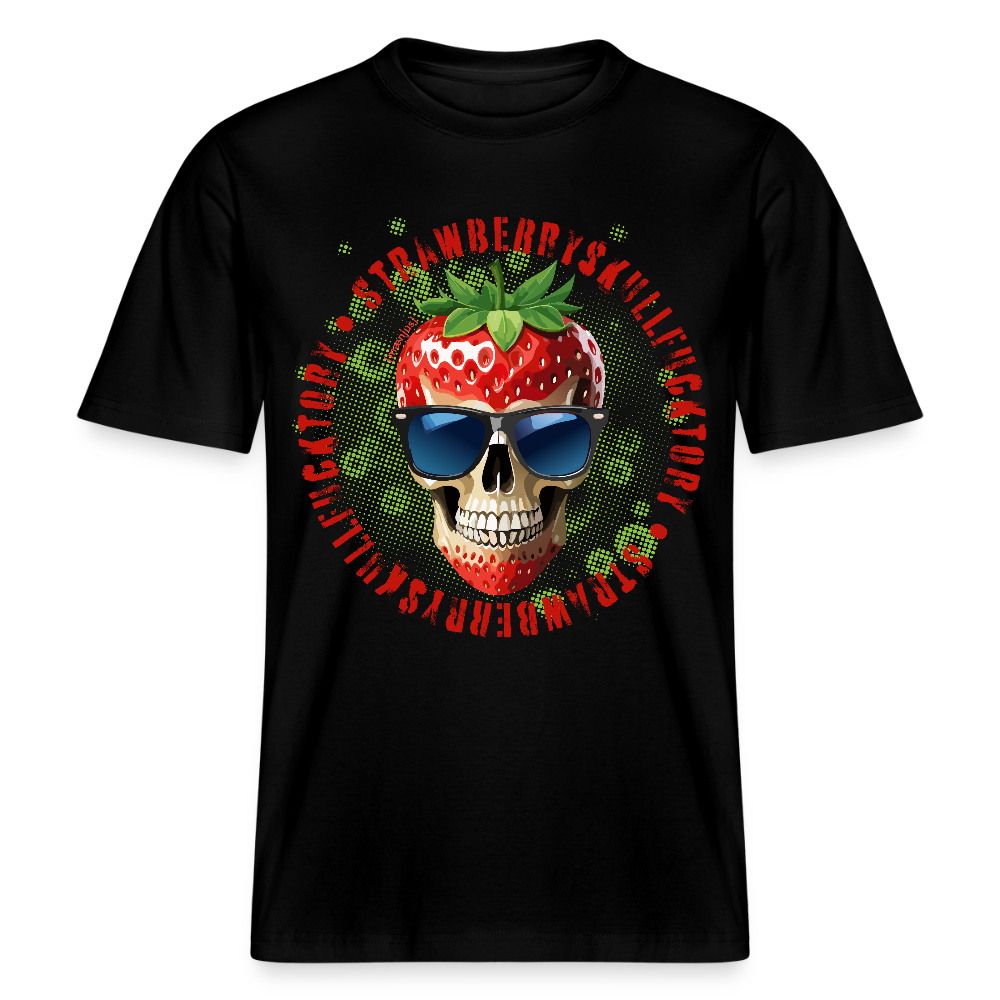 Relaxed Fit Unisex Bio-T-Shirt mit STRAWBERRY SKULL PRINT Vorderseite - Schwarz