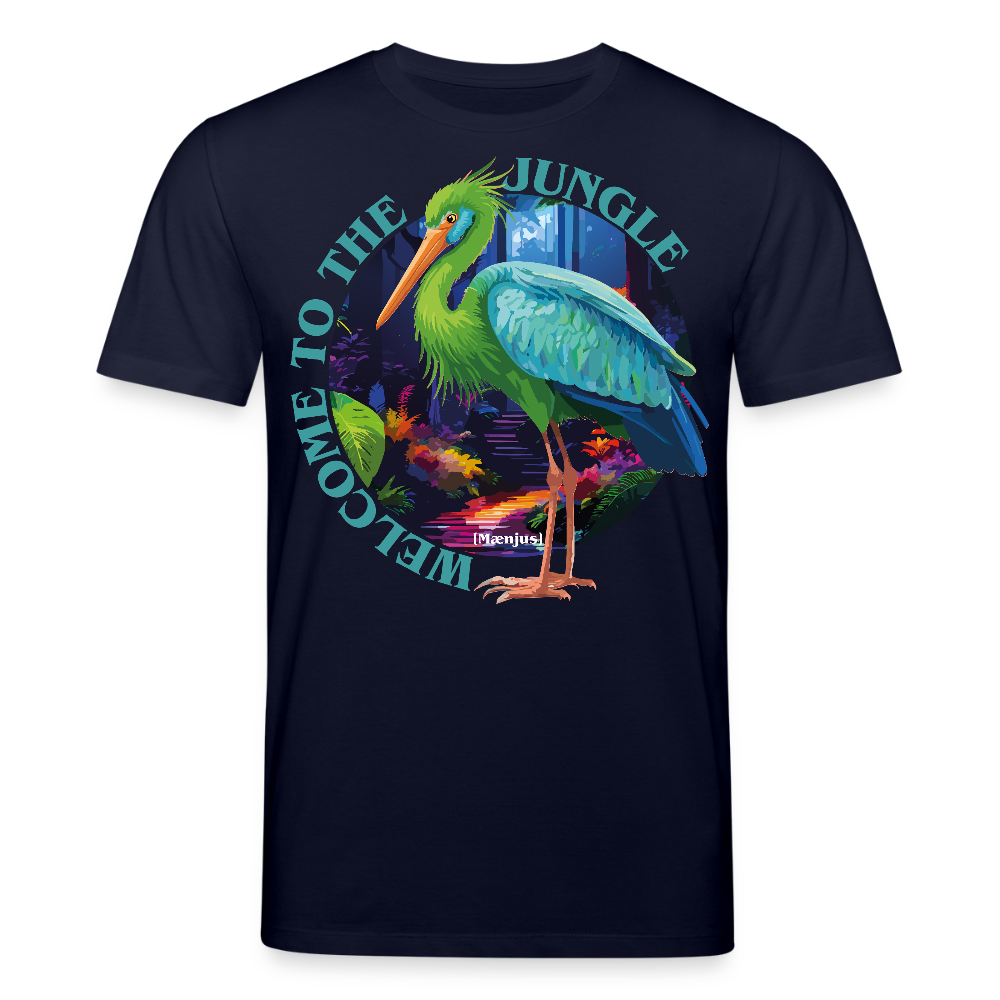 Unisex Bio-T-Shirt mit WELCOME TO THE JUNGLE PRINT Vorderseite - Navy